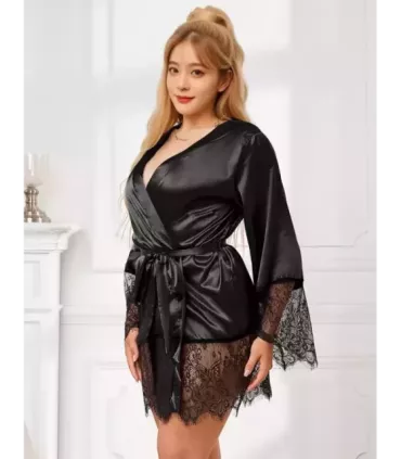 Elegant Sleepwear Silk Eyelash Lace Long Sleeves Blue Nightdress 14