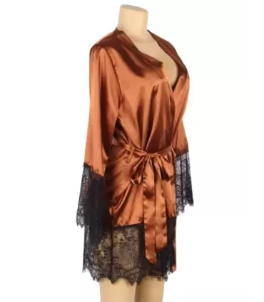 Elegant Sleepwear Silk Eyelash Lace Long Sleeves Blue Nightdress 23