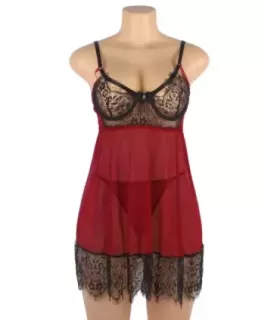 Sexy Splicing Sheer Eyelash Trim Lace Back split Babydoll Set With Underwire 3