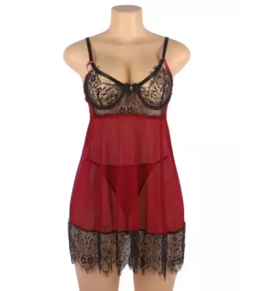 Sexy Splicing Sheer Eyelash Trim Lace Back split Babydoll Set With Underwire 3