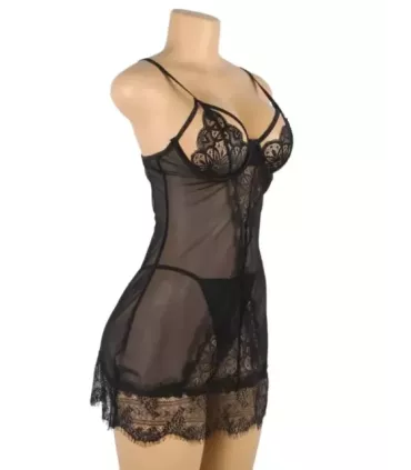 Sexy Black Soft Eyelash Lace Sheer Babydoll Set 4