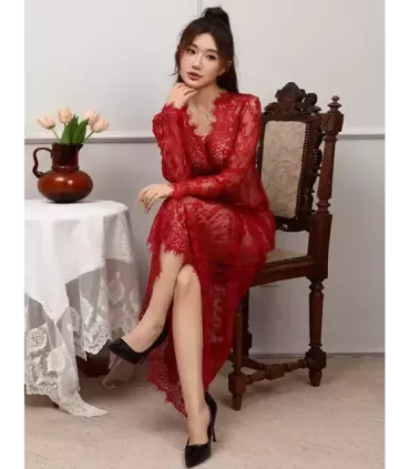 Sexy Red See-through V Neck Long Nightdress With Thong 5