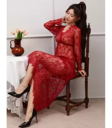Sexy Red See-through V Neck Long Nightdress With Thong 6