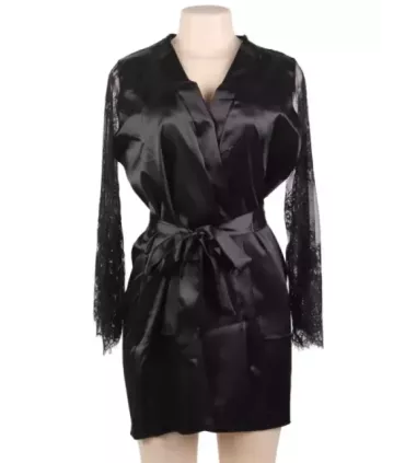 Eyelash Lace Nightdress Silk Long Sleeves Black Sleepwear with G String 3