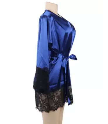 Elegant Sleepwear Silk Eyelash Lace Long Sleeves Blue Nightdress 5