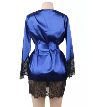 Elegant Sleepwear Silk Eyelash Lace Long Sleeves Blue Nightdress 6