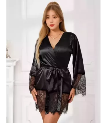 Elegant Sleepwear Silk Eyelash Lace Long Sleeves Blue Nightdress 13