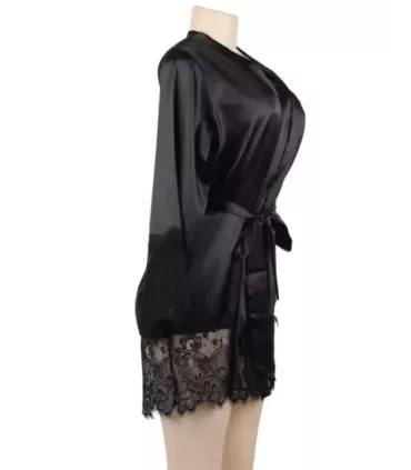 Elegant Sleepwear Silk Eyelash Lace Long Sleeves Blue Nightdress 17