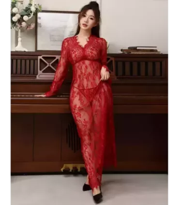 Sexy Red See-through V Neck Long Nightdress With Thong 2