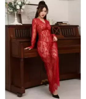Sexy Red See-through V Neck Long Nightdress With Thong 3