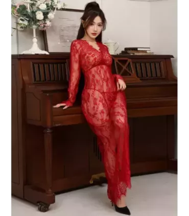Sexy Red See-through V Neck Long Nightdress With Thong 3