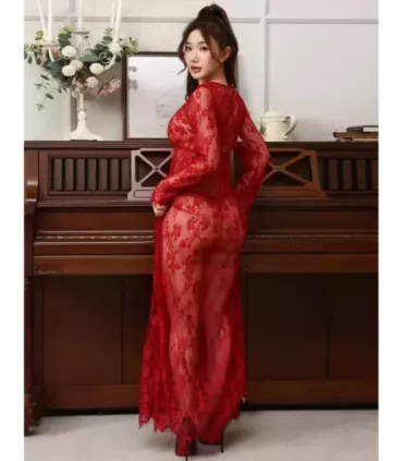 Sexy Red See-through V Neck Long Nightdress With Thong 4