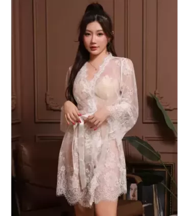 Sexy Long Sleeve White Eyelash Lace Short Sleepwear With Thong 4