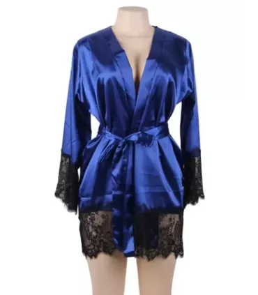 Elegant Sleepwear Silk Eyelash Lace Long Sleeves Blue Nightdress 4